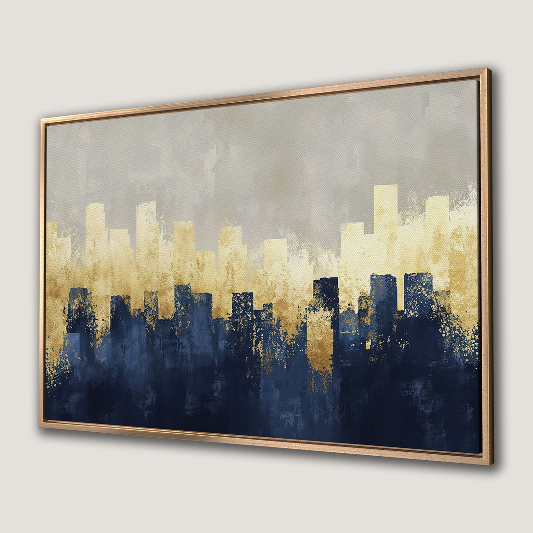 Framed Wall Art featuring an abstract cityscape in navy, gold, and gray. Modern art for your home decor.