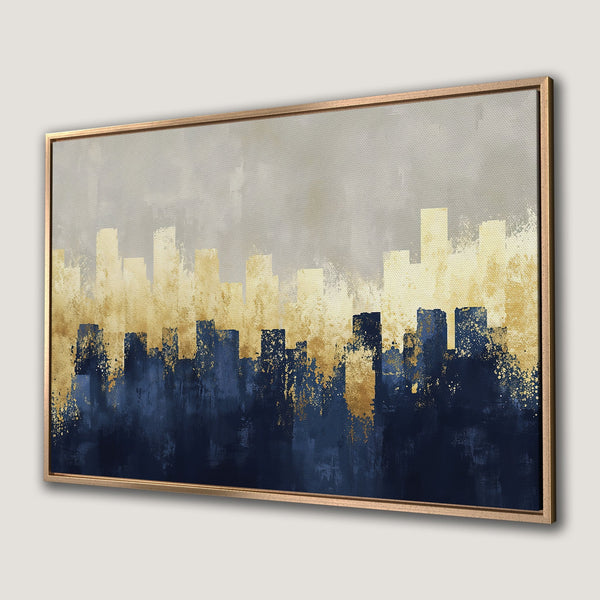 Framed Wall Art featuring an abstract cityscape in navy, gold, and gray. Modern art for your home decor.