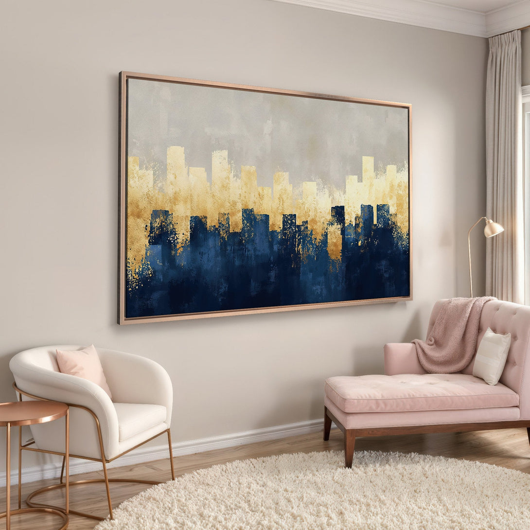 Framed Wall Art: Abstract cityscape canvas print in gold, navy, and grey. Modern art for living room decor.