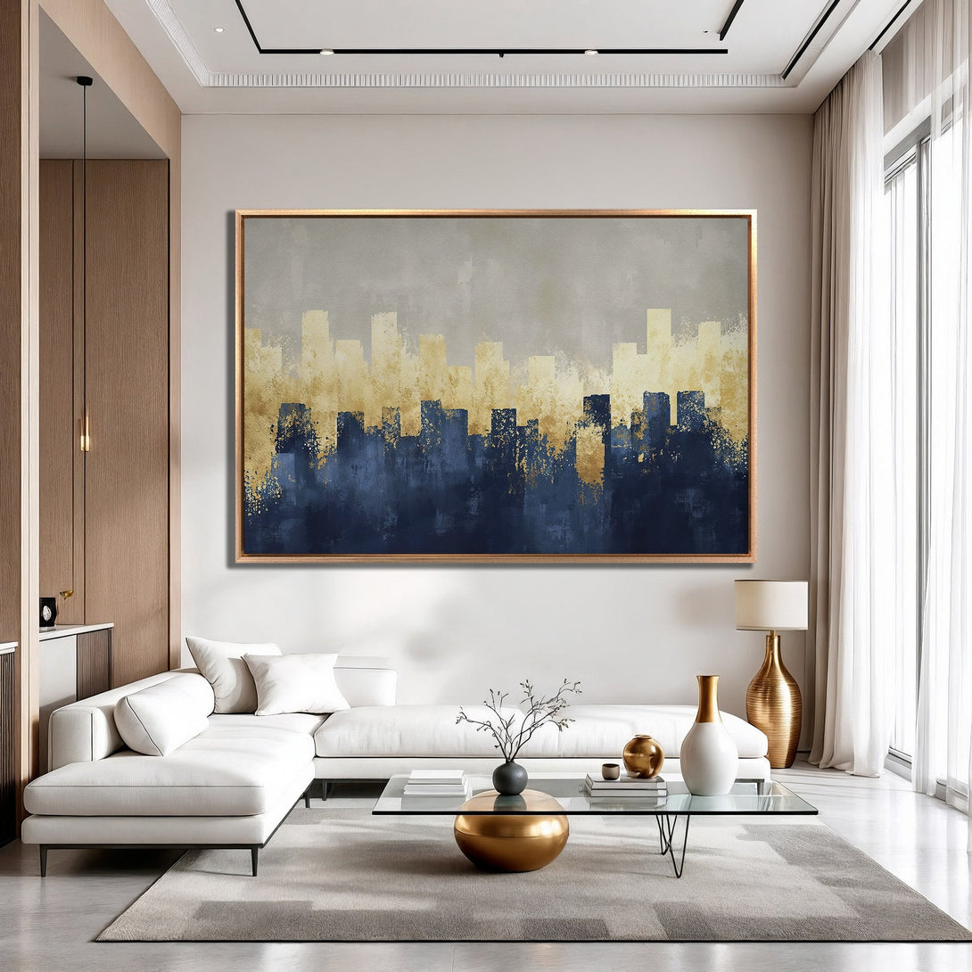 Framed Wall Art: Abstract cityscape in blue, gold, and gray. Modern art canvas print perfect for living room decor.