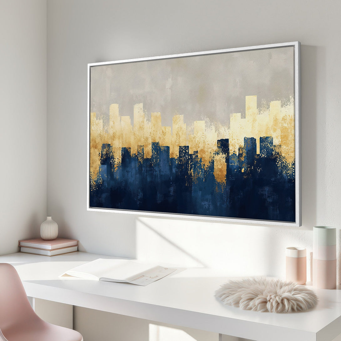 Framed Wall Art featuring an abstract cityscape in blue, gold, and gray. Modern art print for a stylish home.