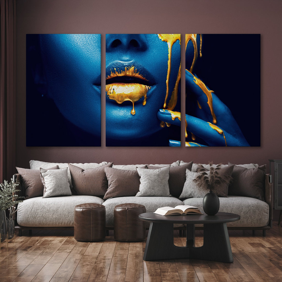 Canvas Print: Abstract art of blue face with gold accents. Modern style, striking blue and gold color palette. Perfect for living room decor.