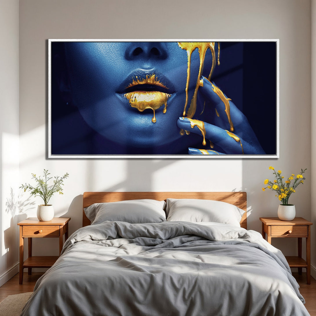 Framed Wall Art: Stunning blue and gold abstract art print. Modern bedroom decor with a bold color palette. Elevate your space with this unique canvas print.