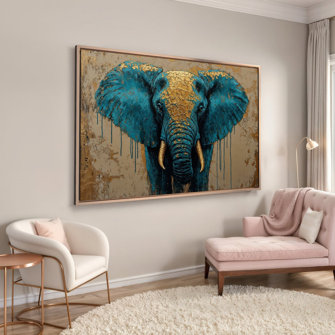 Framed Wall Art: Stunning elephant portrait in teal & gold. Modern abstract style canvas print adds elegance to any room. Shop now!
