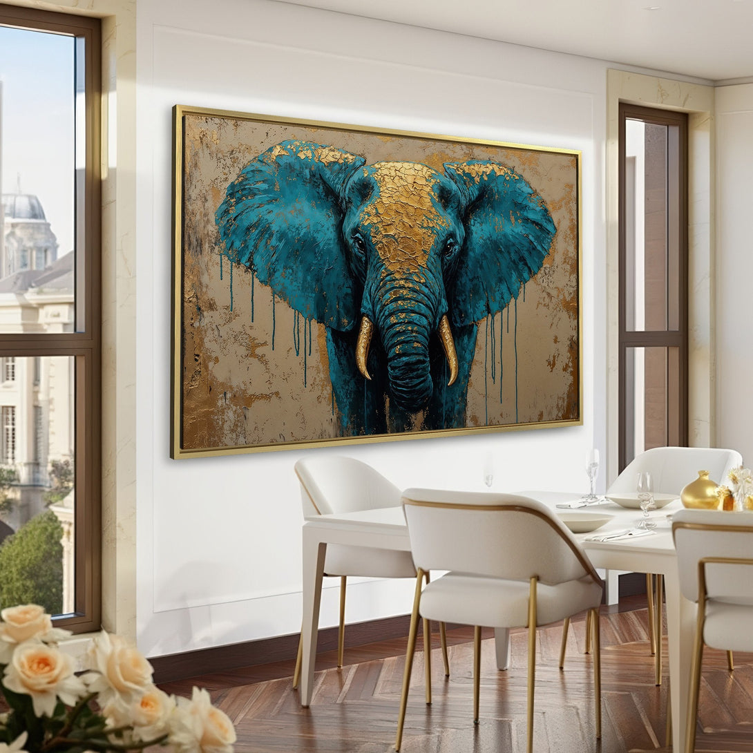 Canvas Print: Stunning elephant art in teal and gold, creating a bold statement piece. Modern style with a luxurious color palette for any interior.