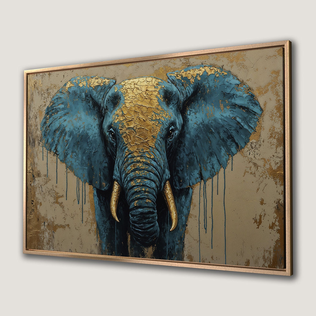 Framed Wall Art: Majestic elephant portrait in teal and gold, modern abstract style. Enhance your space with this stunning canvas print.