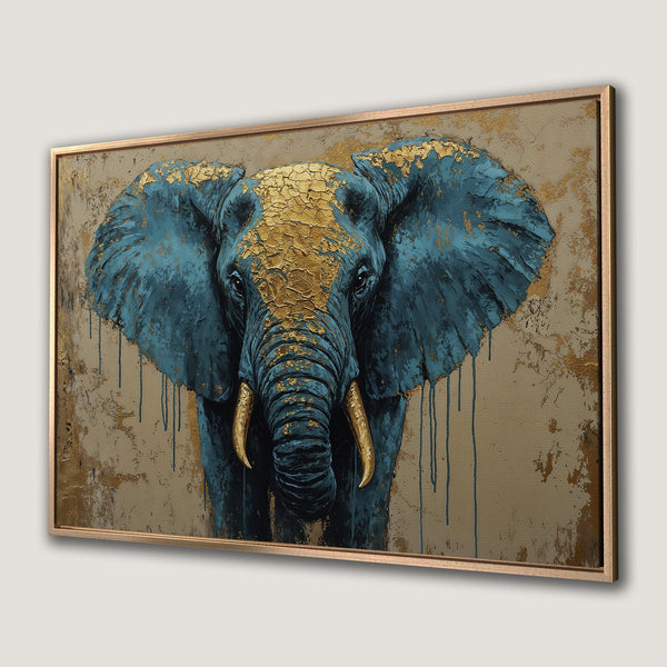 Framed Wall Art: Majestic elephant portrait in teal and gold, modern abstract style. Enhance your space with this stunning canvas print.