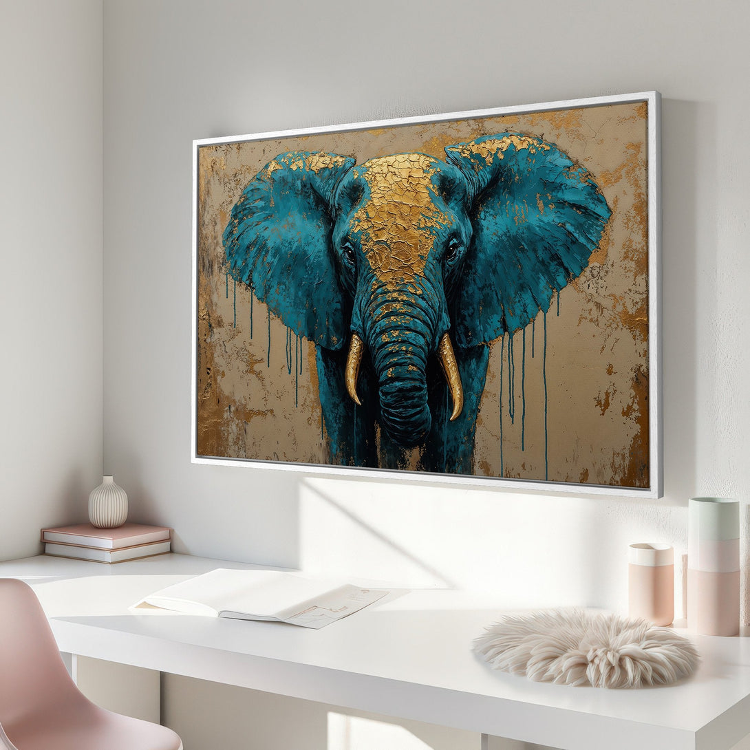Framed Wall Art: Majestic elephant portrait in teal and gold. Modern abstract style, perfect for adding a touch of luxury to your home decor.