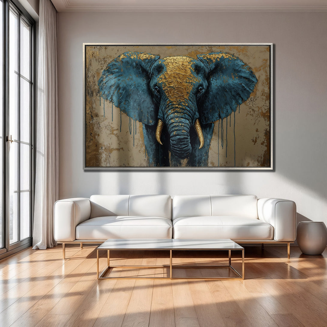 Framed Wall Art: Abstract elephant painting with gold and teal accents. Modern canvas print in a luxurious living room with neutral tones.