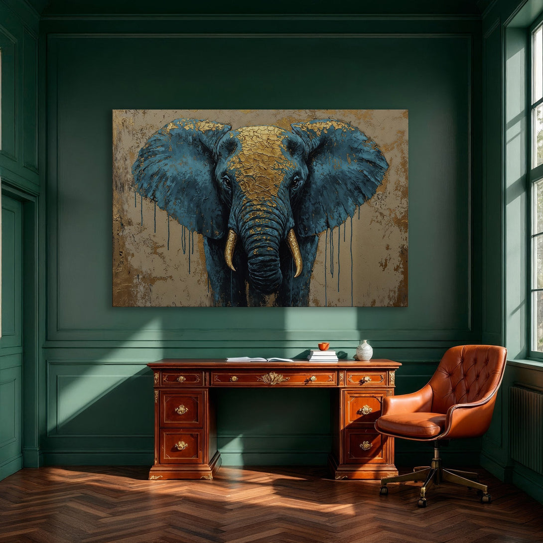 Framed Wall Art: Abstract elephant painting in teal and gold. Modern art decor with luxurious gold frame. Perfect for dining room or living room.