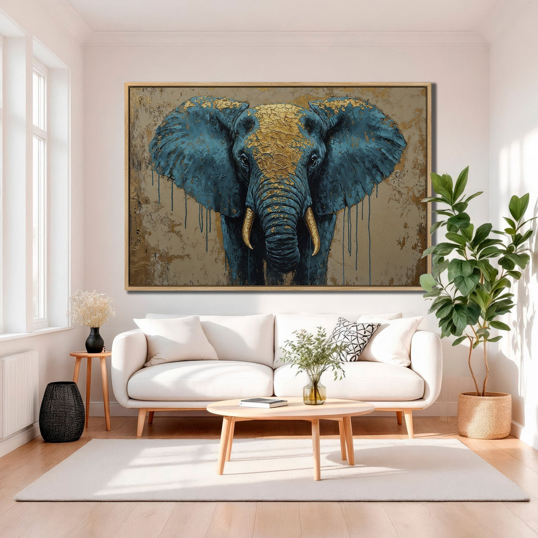 Framed Wall Art: Majestic elephant painting in teal & gold. Modern abstract style adds a touch of luxury to any living room. Shop now!