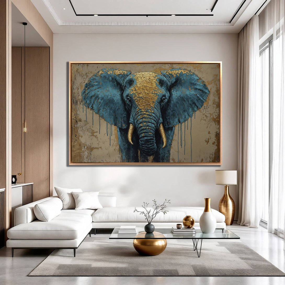 Framed Wall Art: Majestic elephant painting in teal and gold, adding a touch of luxury to any interior. Modern style, neutral color palette.