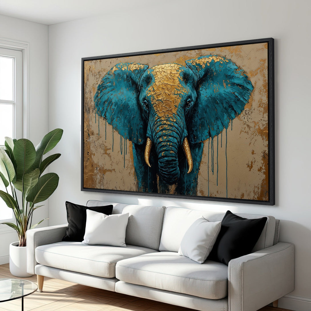 Framed Wall Art: Majestic elephant painting in teal and gold, adding a touch of luxury to any space. Explore our stunning canvas print collection!