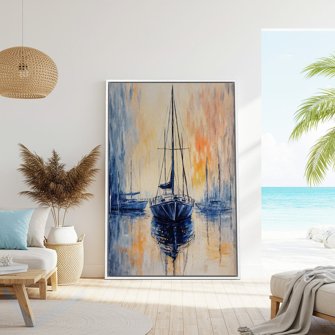 Framed Wall Art: Coastal sailboat painting in blue and orange hues. Perfect for adding a touch of nautical style to your home decor.