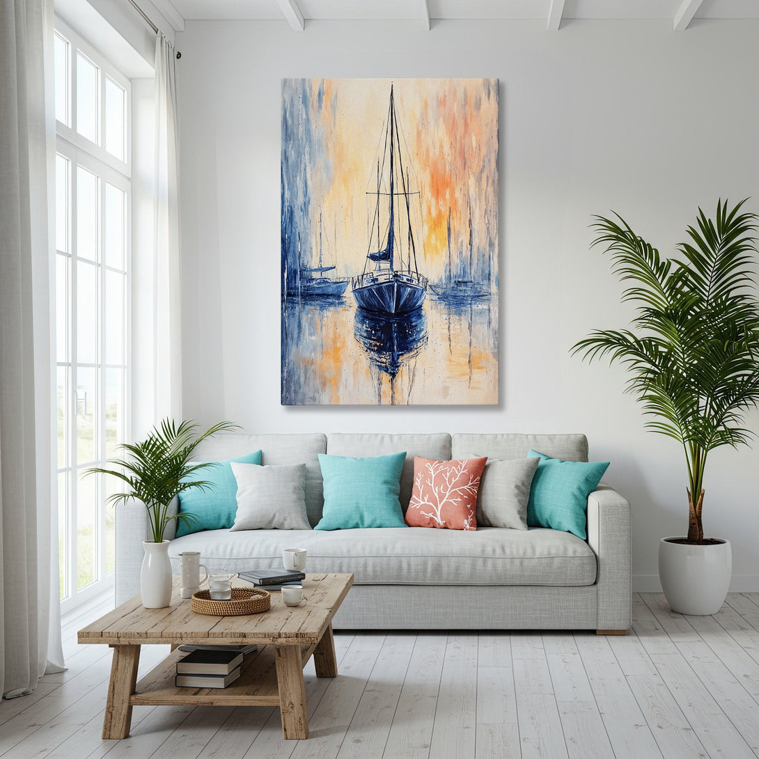 Framed Wall Art: Coastal sailboat painting with blue, orange, and gold hues. Perfect for a modern living room. Shop our canvas print collection today!