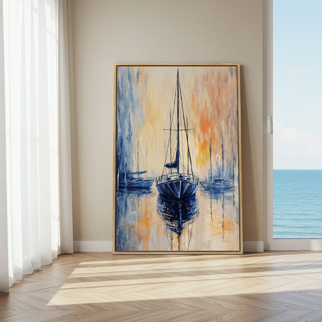 Framed Wall Art: Abstract sailboat painting in blue & orange hues. Coastal art for home decor. Adds a touch of serenity to any room.
