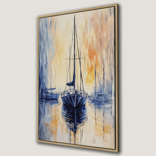 Framed Wall Art: Abstract sailboat painting in blue, orange, and yellow hues. Coastal art perfect for adding a touch of serenity to any space.