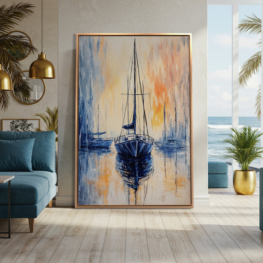 Framed Wall Art: Abstract sailboat painting in blue, orange, and yellow. Coastal decor inspiration for living room or bedroom.