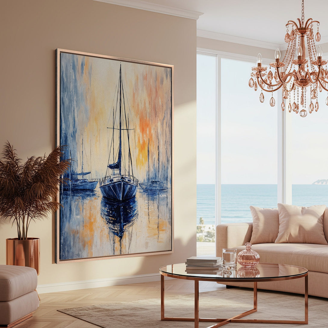 Framed Wall Art: Coastal sailboat painting in blue and orange hues. Modern abstract style, perfect for a serene living room. Elevate your space with art!