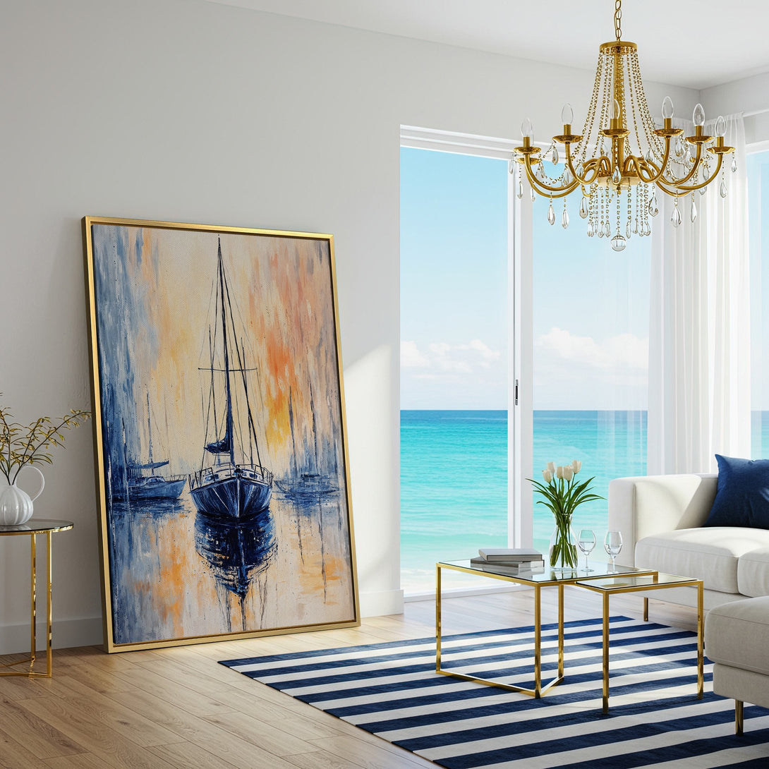 Canvas Print of a sailboat painting in a modern interior. Features a blue, orange, and neutral color palette, perfect for coastal decor.