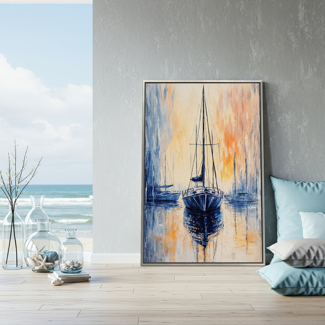 Framed Wall Art: Coastal sailboat painting in blue and orange hues. Enhance your home decor with this stunning canvas print!
