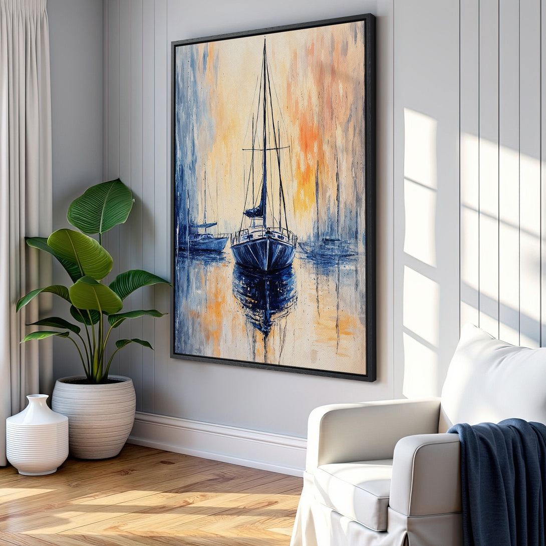 Framed Wall Art: Abstract sailboat painting in blue, orange, and beige tones. Coastal art style adds a serene touch to any interior.