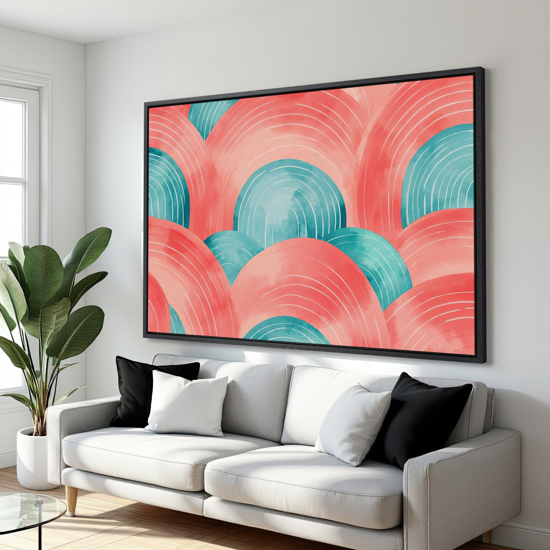 Framed Wall Art: Abstract watercolor art in coral and teal. Modern Canvas Print adds a pop of color to any living room. Shop now!