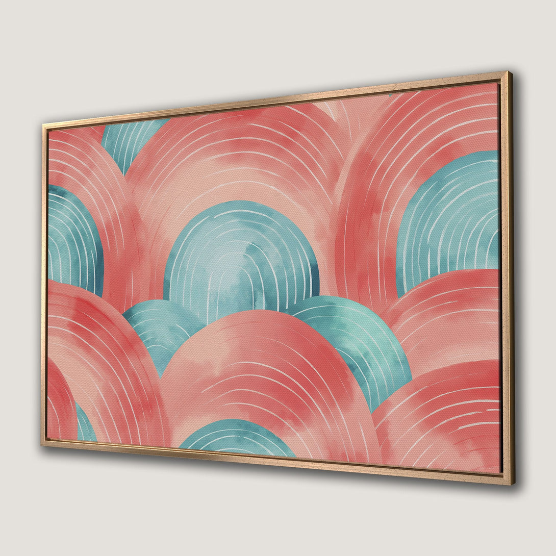 Framed Wall Art featuring abstract watercolor arches in coral and teal. Modern art to brighten any space.