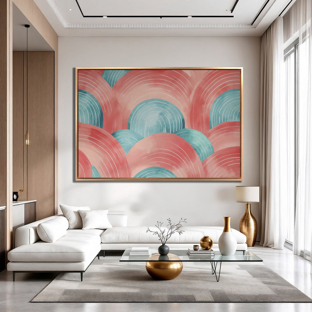 Framed Wall Art featuring abstract watercolor design in coral and teal. Modern canvas print adds a pop of color to any living room.