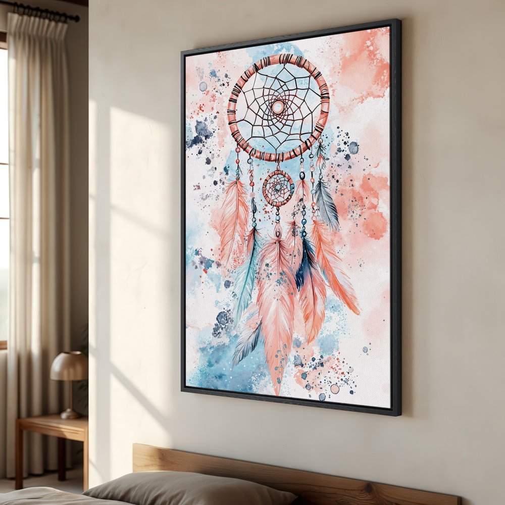 Framed Wall Art: Watercolor dreamcatcher print in boho style. Features a soft peach and blue color palette, perfect for bedroom decor.