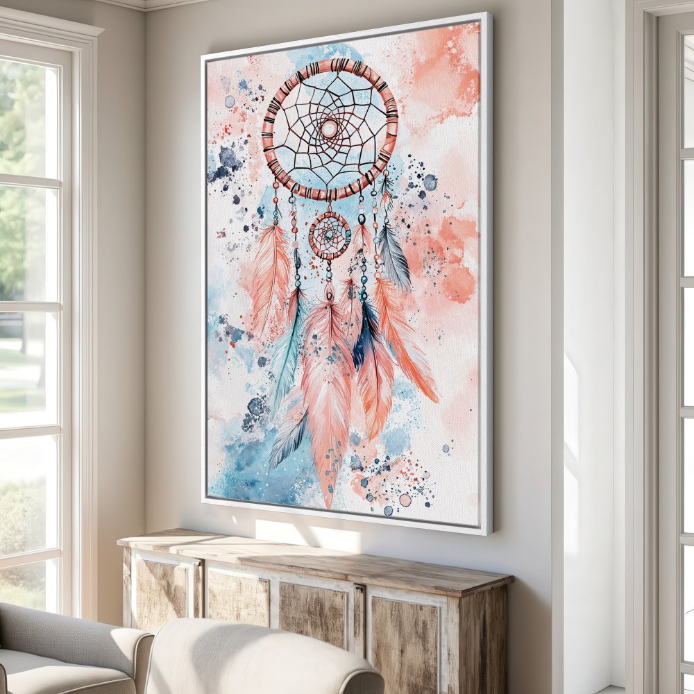 Watercolor Canvas Print of a dreamcatcher. Boho style art with a peach, blue, and teal color palette. Perfect wall decor for your home.