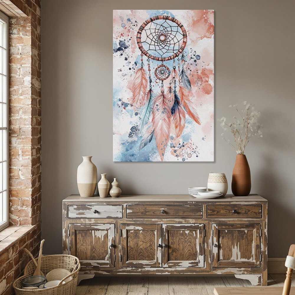 Framed Wall Art: Dreamcatcher watercolor print in peach and blue. Boho style canvas print for living room or bedroom decor.