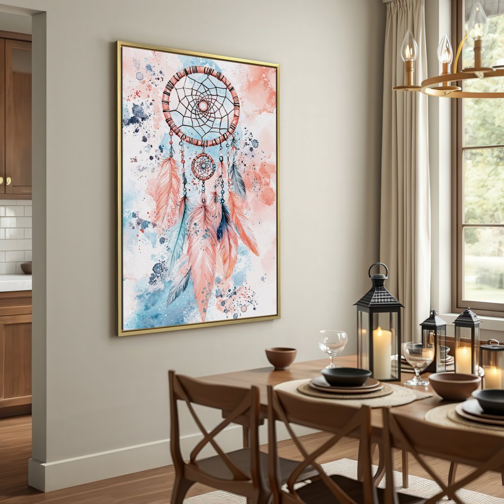Watercolor dreamcatcher Canvas Print in boho style, featuring a pastel pink, blue, and brown color palette. Perfect wall art!
