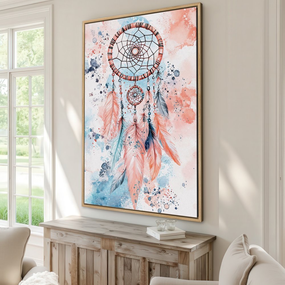 Watercolor dreamcatcher Canvas Print in peach and blue. Boho wall art for a stylish interior.