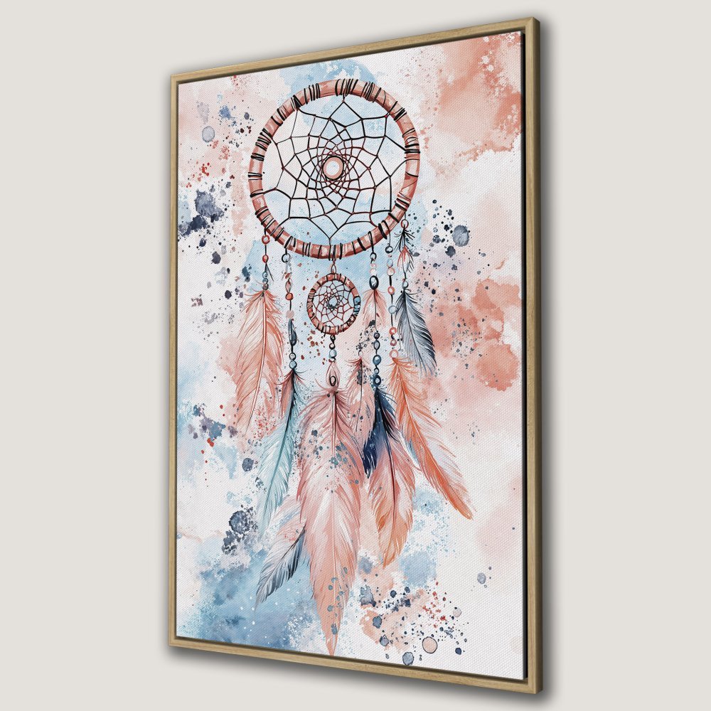 Framed Wall Art: Dreamcatcher watercolor print in boho style. Featuring a warm peach, blue, and neutral color palette. Perfect for adding a touch of serenity.