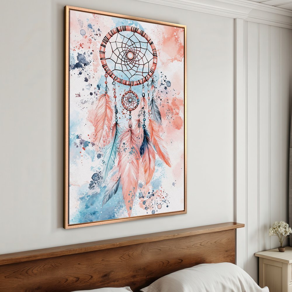 Framed Wall Art: Watercolor dreamcatcher in coral and blue hues. Boho style Canvas Print perfect for bedroom decor.