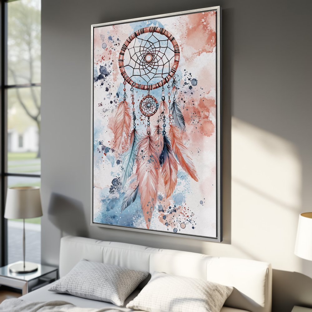 Framed Wall Art: Watercolor dreamcatcher print in peach, blue, and brown hues. Boho style canvas print for bedroom decor.