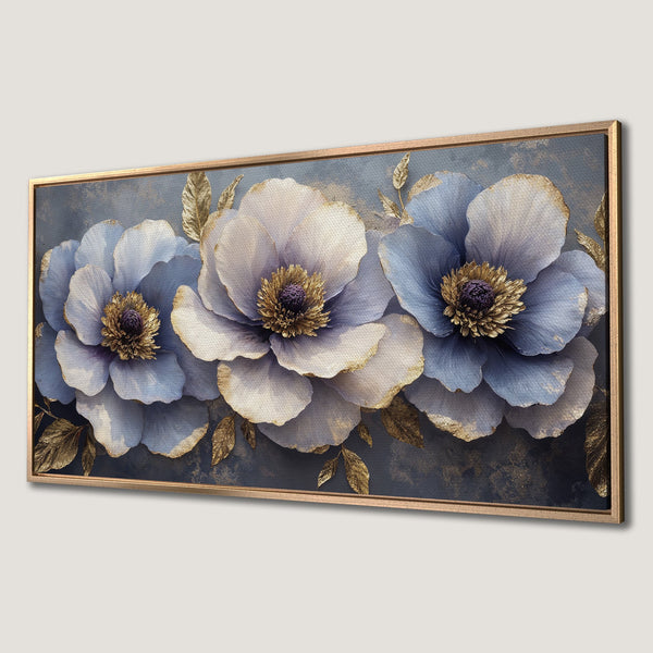 Framed Wall Art featuring elegant blue and gold floral design. Perfect for adding a touch of sophistication to your home decor. Shop now!