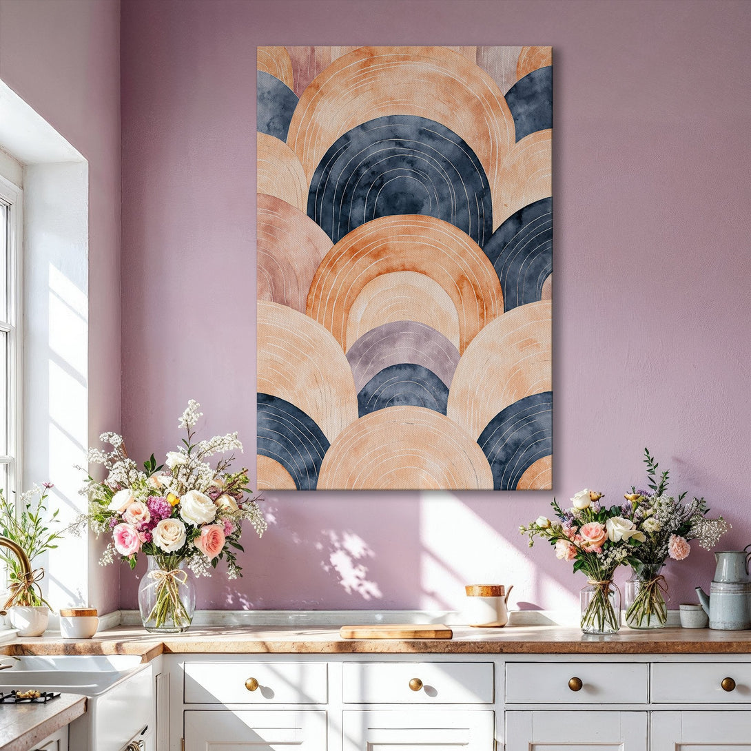 Framed Wall Art featuring a modern abstract design in warm earth tones and navy blue, perfect for adding a touch of elegance to any living space.