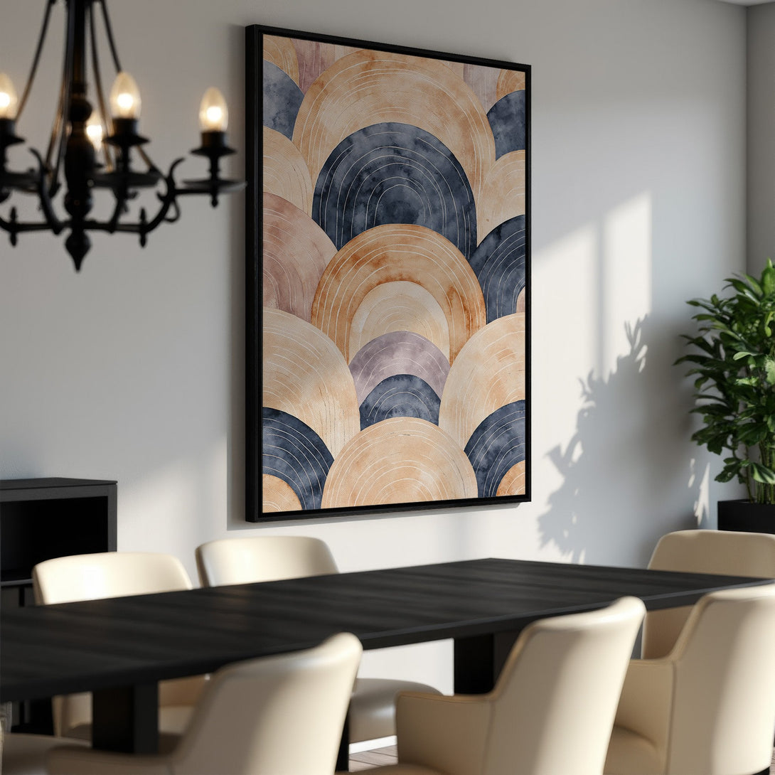 Framed Wall Art featuring an abstract watercolor design in warm earth tones and navy, perfect for adding a touch of modern elegance to any dining room.