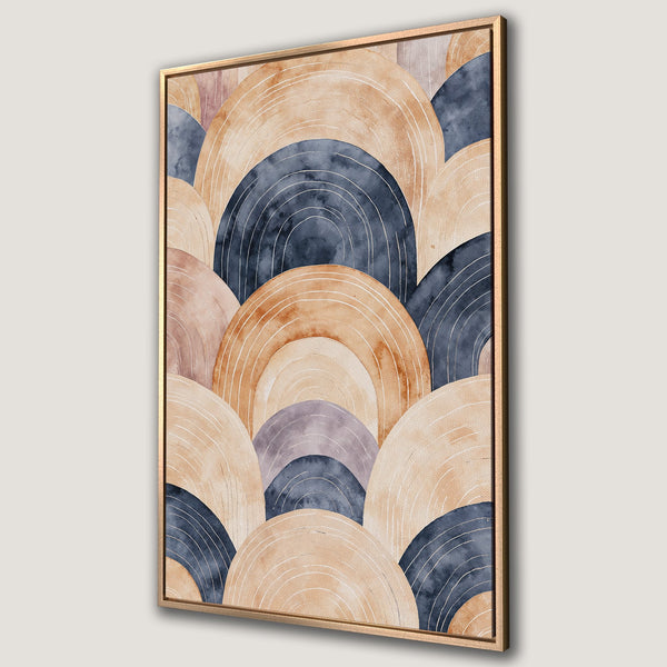 Framed Wall Art featuring an abstract watercolor design with layered arches in neutral tones, navy, and gold. Modern art perfect for any space.