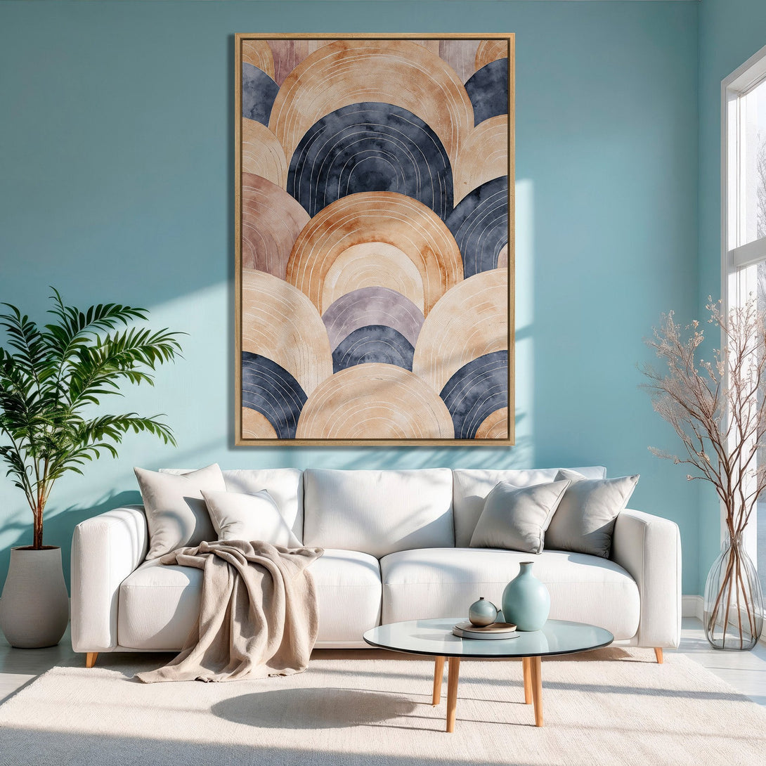 Framed Wall Art: Abstract watercolor canvas print in neutral tones, displayed in a modern living room with a blue wall. Perfect for home decor!