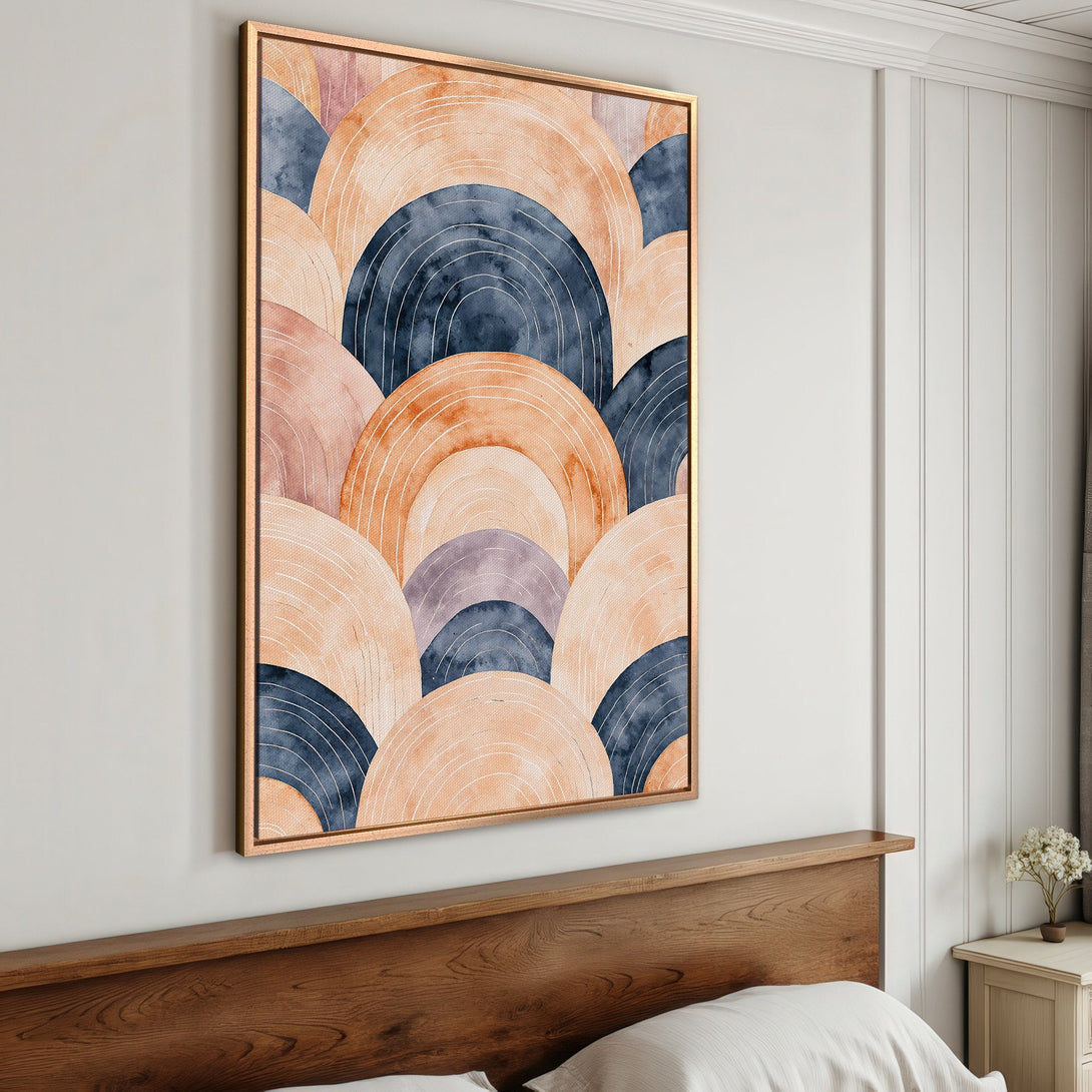 Framed Wall Art featuring an abstract watercolor design in warm peach, navy, and neutral tones. Perfect for modern bedroom decor.