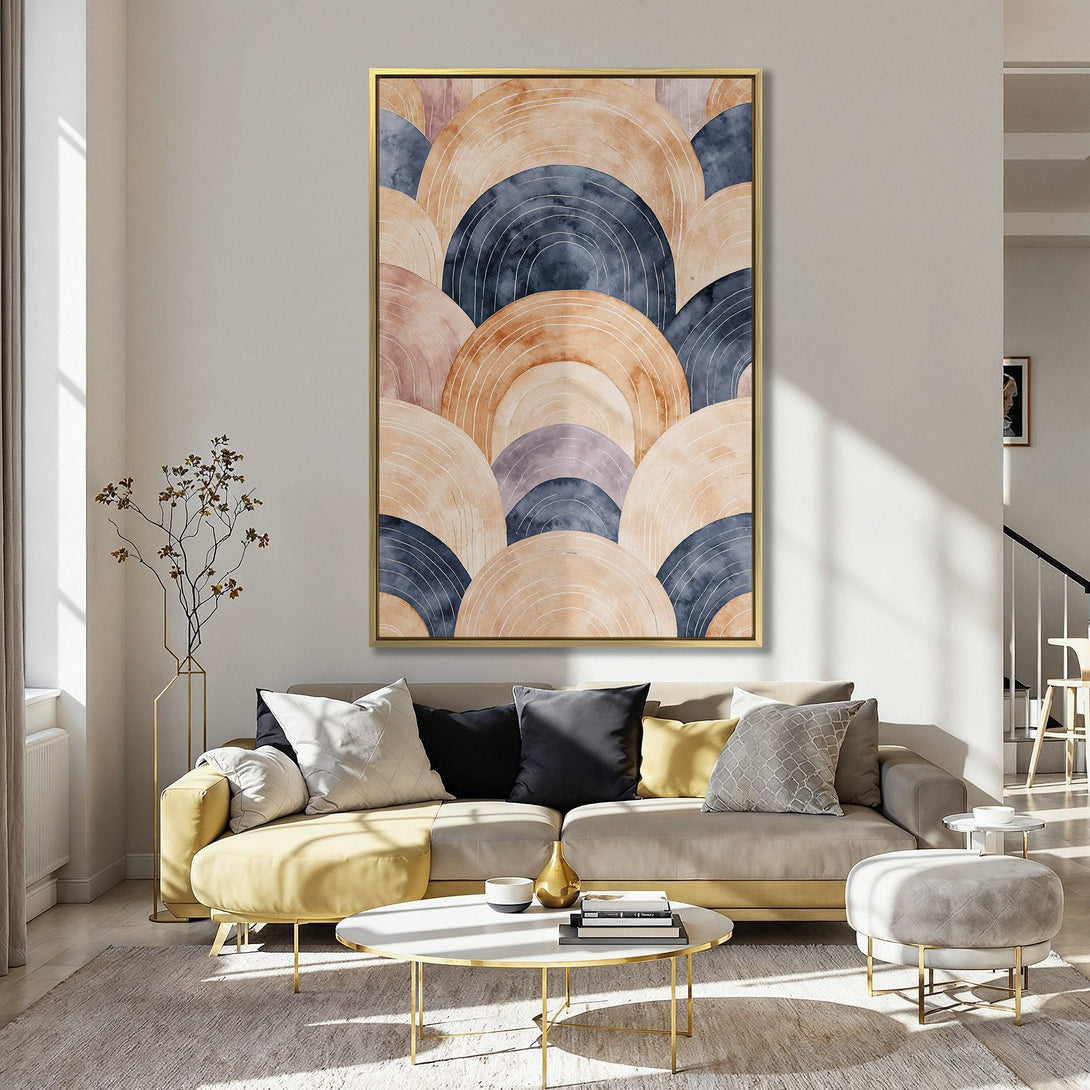 Canvas Print featuring an abstract geometric design in warm orange, blue, and neutral tones. Modern wall art for a stylish home.