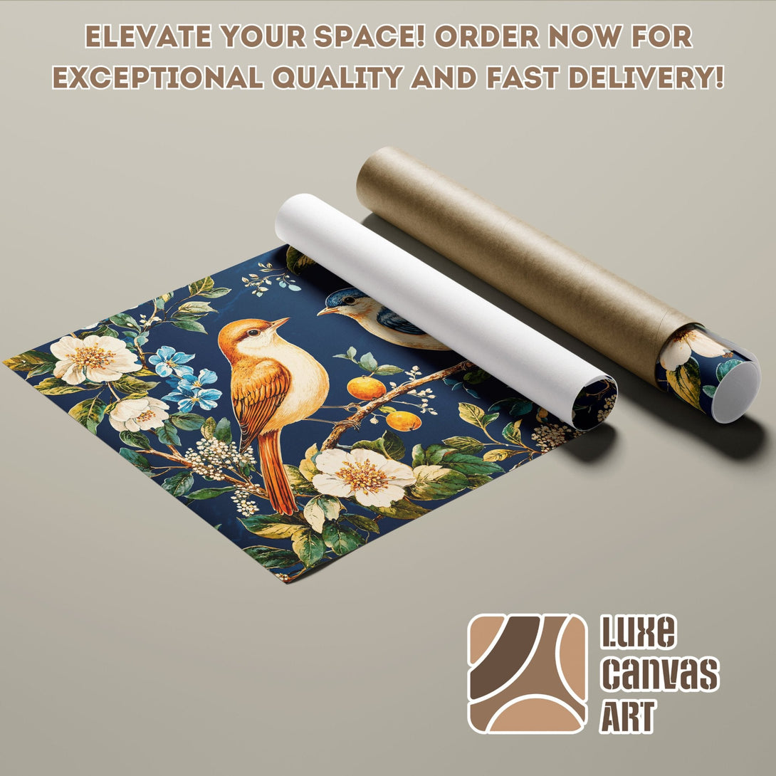 Poster Roll featuring a bird and floral design, with a navy and earthy color palette.