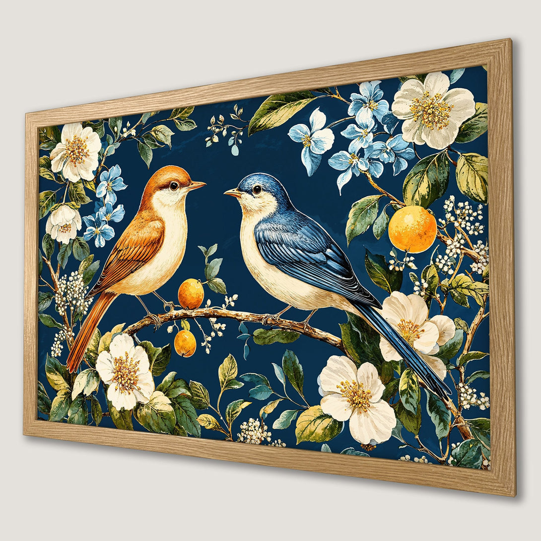 Framed Poster featuring birds & flowers in a vintage style with a blue, white, and orange color palette. Perfect wall art for your home!