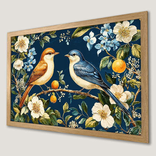 Framed Poster featuring birds & flowers in a vintage style with a blue, white, and orange color palette. Perfect wall art for your home!