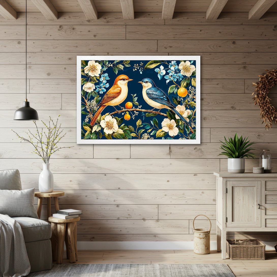 Framed Poster featuring birds & floral design in a watercolor style, with a vibrant blue, orange, and white color palette. Perfect wall art!