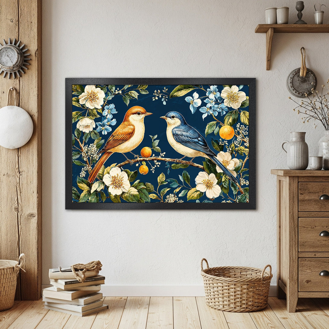 Framed Poster featuring birds on a branch with flowers. Watercolor style, rich blue, orange, and white color palette. Perfect wall art.