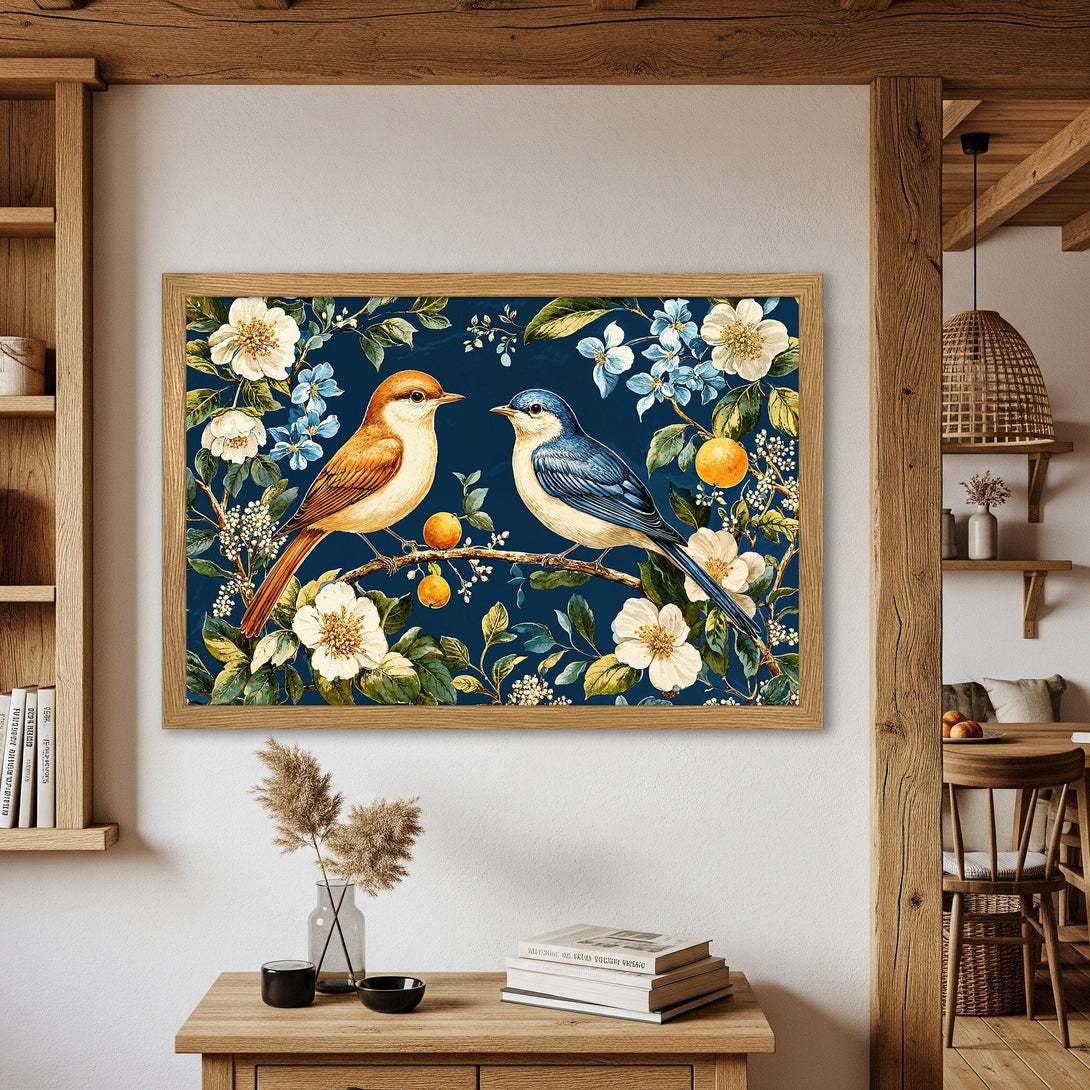 Framed Poster featuring birds & floral design in a vintage style with a blue, white, and orange color palette. Perfect wall art for your home!